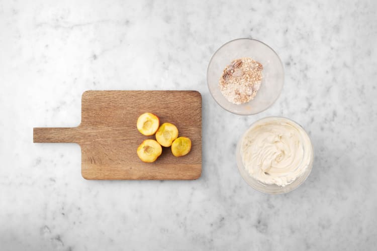 Prepare cinnamon crumb topping , maple chantilly and peaches