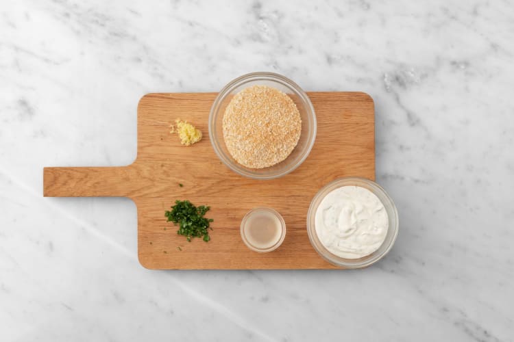 Prep, make tarragon cream and toast panko