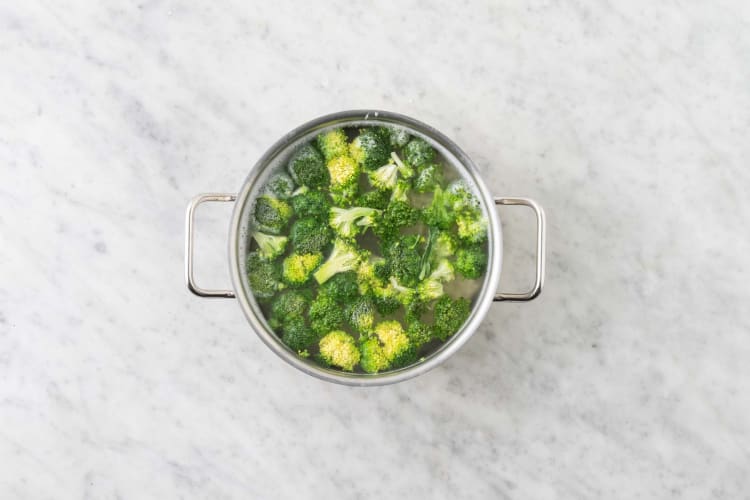 Cook noodles and blanch broccoli