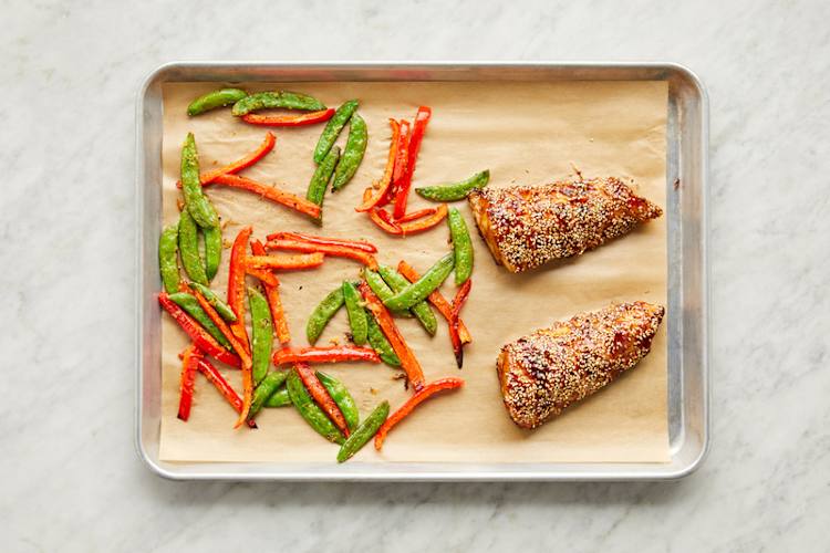 Roast veggies and sea bass