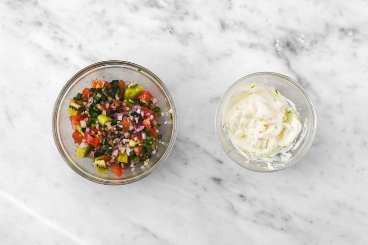 Make kiwi relish and lime mayo