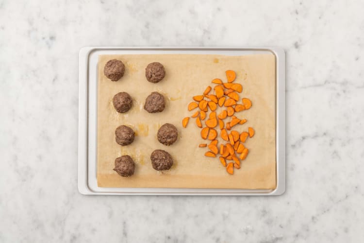 Roast carrots and Beyond Meat® meatballs