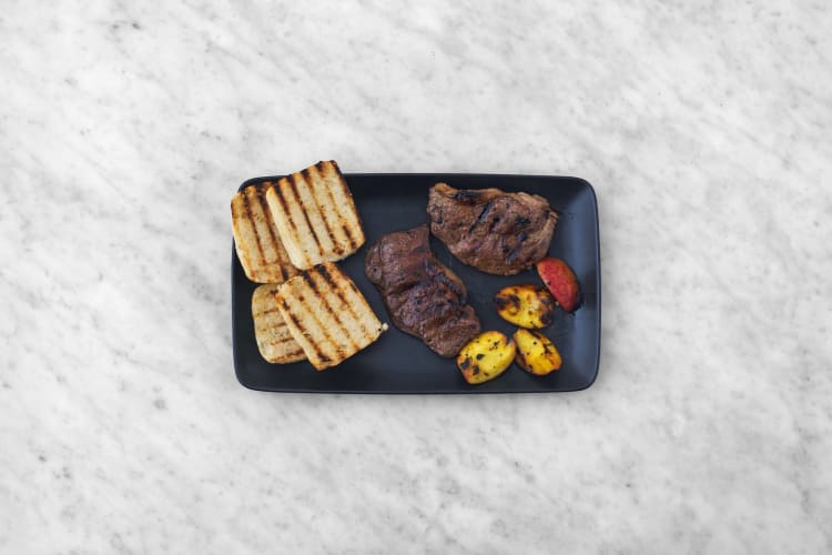 Grill ciabatta, peaches and steak