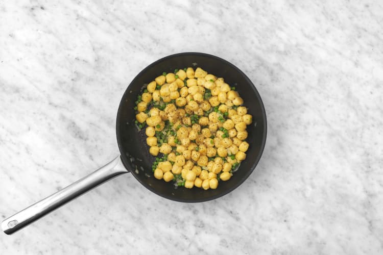 Cook bacon and start gnocchi