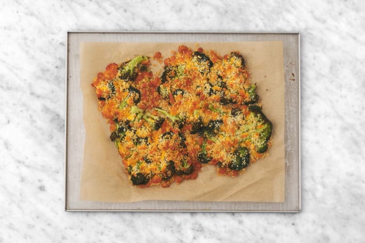 Make panko topping and smash broccoli