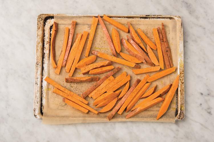 Bake the sweet potato fries