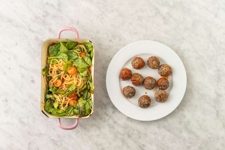 Cook the pasta & finish the meatballs