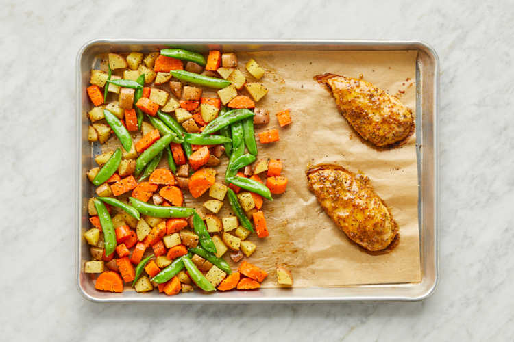 Cook snap peas and glaze chicken