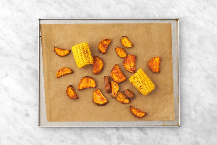 Bake the sweet potato chunks & corn 