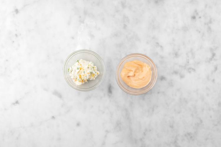 Prep patty filling and spicy mayo