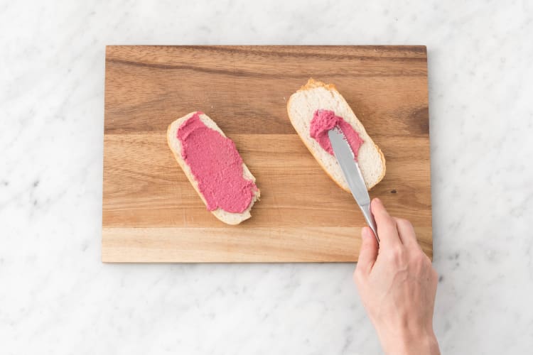 Spread the bottom half of each ciabatta with the Beetroot, Pomegranate & Walnut dip